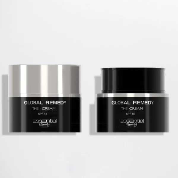Luxuriöse Gesichtscreme „Global Remedy The Cream“ von Essential Professional Make Up in eleganter Verpackung – remodellierende Anti-Aging-Creme für strahlend feste Haut.